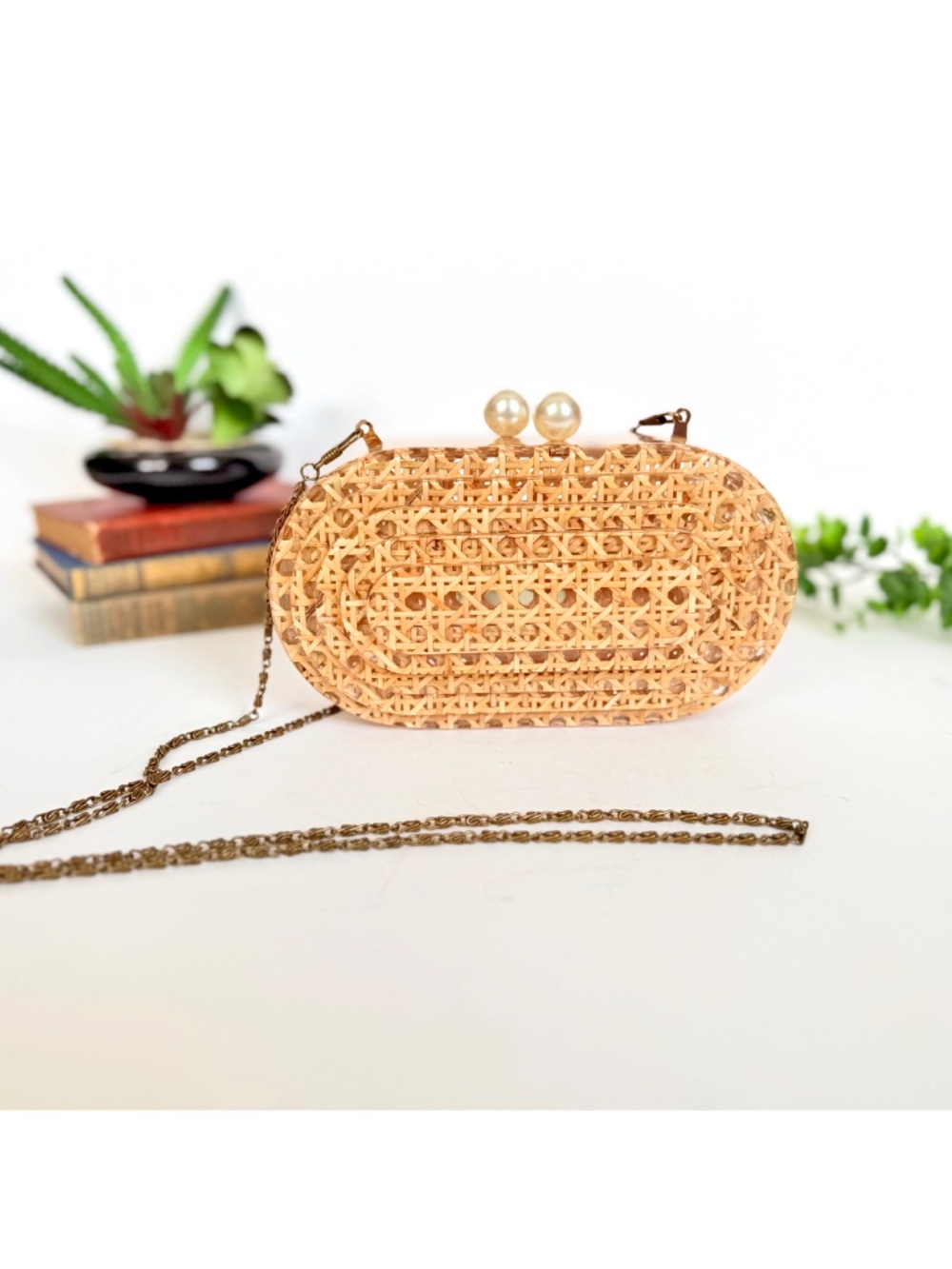 Retro Rattan Cane and Clear Acrylic Lucite Box Clutch w/Pearl Magnetic Closures